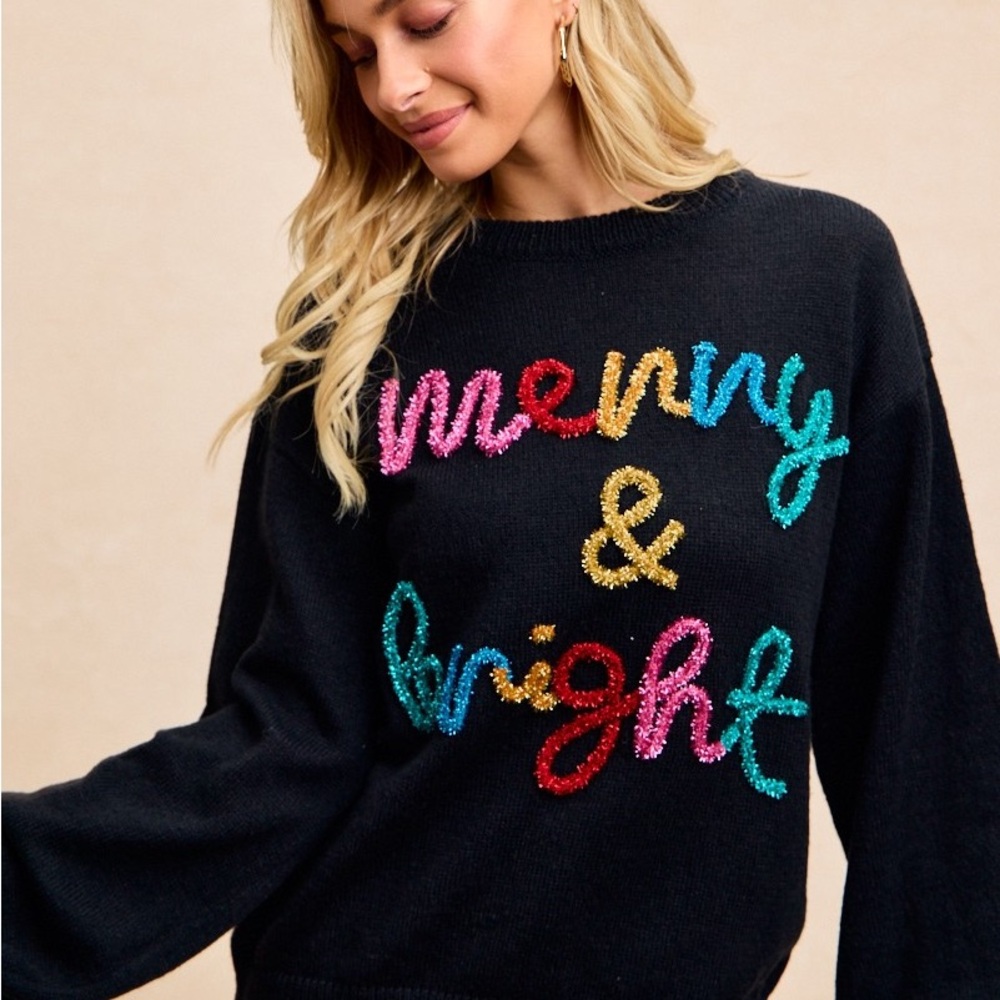 BOUTIQUE BiBi Holiday Sweater with Colorful Tinsel Embroidery, Black
